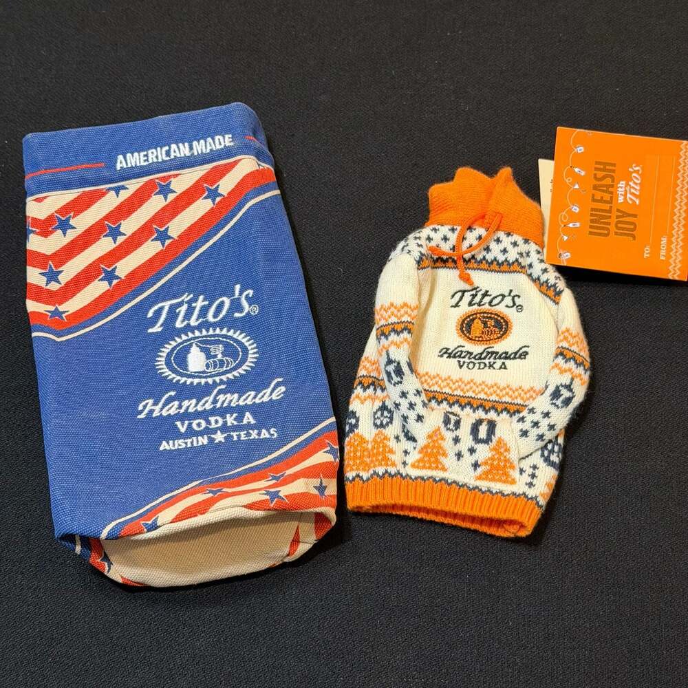 Tito's Handmade Vodka Bundle Canvas Bottle Bag & Holiday Sweater Bottle Cover